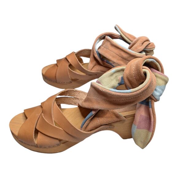 Free People Emmy Camel Tan Leather Suede Ankle Wrap Clog Sandals EU 39 US 8.5 - Picture 7 of 8